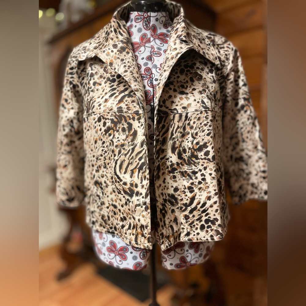 Patrick Christopher Animal Print Cropped Jacket Wide Collar Brown Cream Large